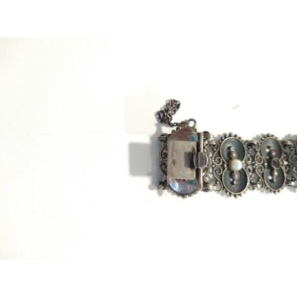 Antique Women`s Wrist Watch Bergland Filigree Sterling Silver Pearls Garnets - Picture 14 of 16